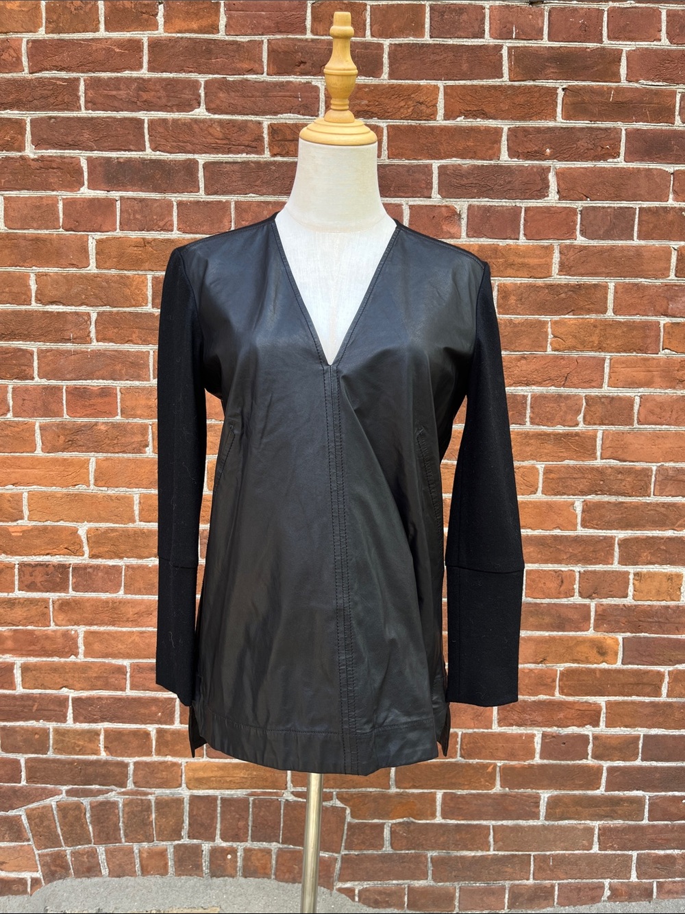 Helmut Lang Black Leather Front Knit-Sleeve Jacket